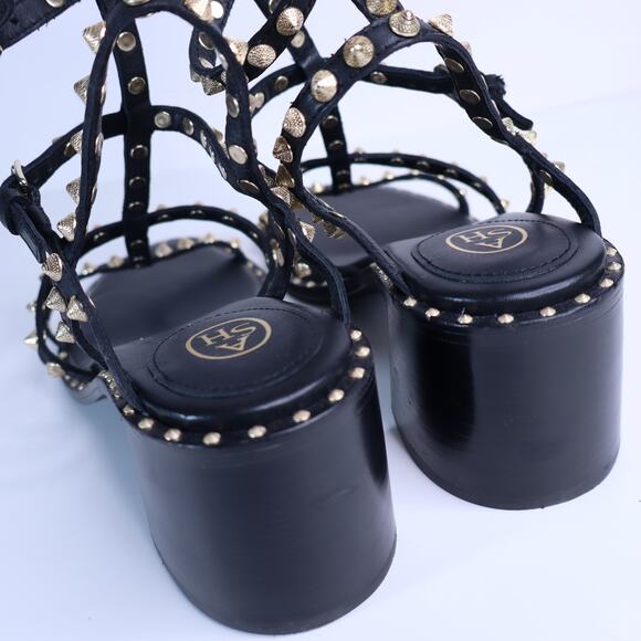 ASH Jen Strappy Studded Heel Sandals Black Gold Leather Women's 40/US 9.5 - Picture 4 of 9